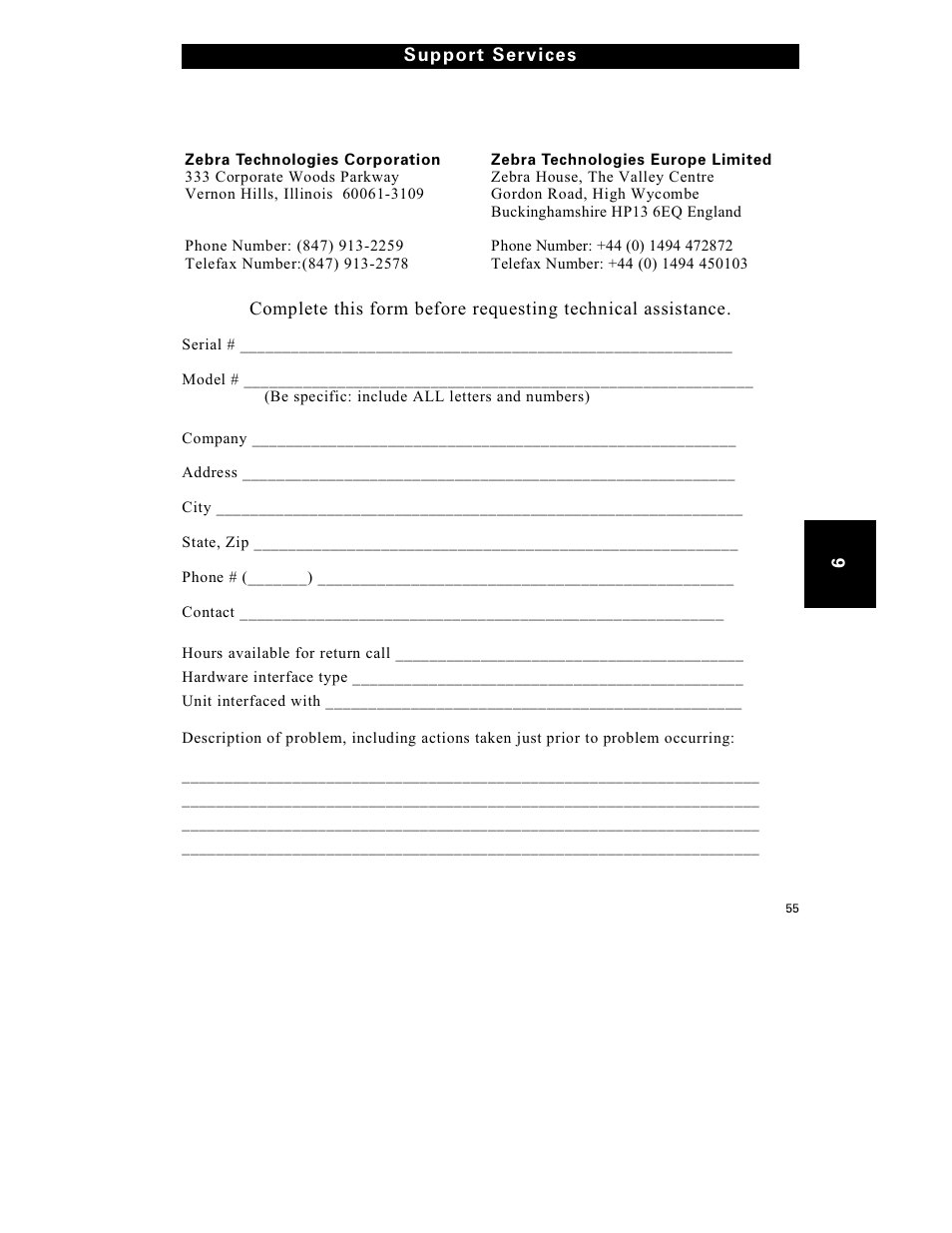 Zebra technologies corporation service form | Zebra Technologies S-300 User Manual | Page 63 / 80