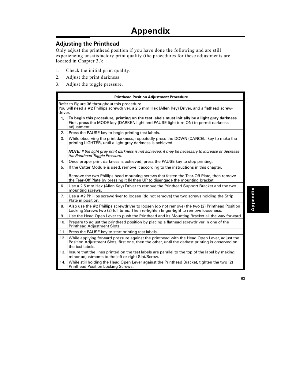 Appendix, Adjusting the printhead | Zebra Technologies S-300 User Manual | Page 71 / 80