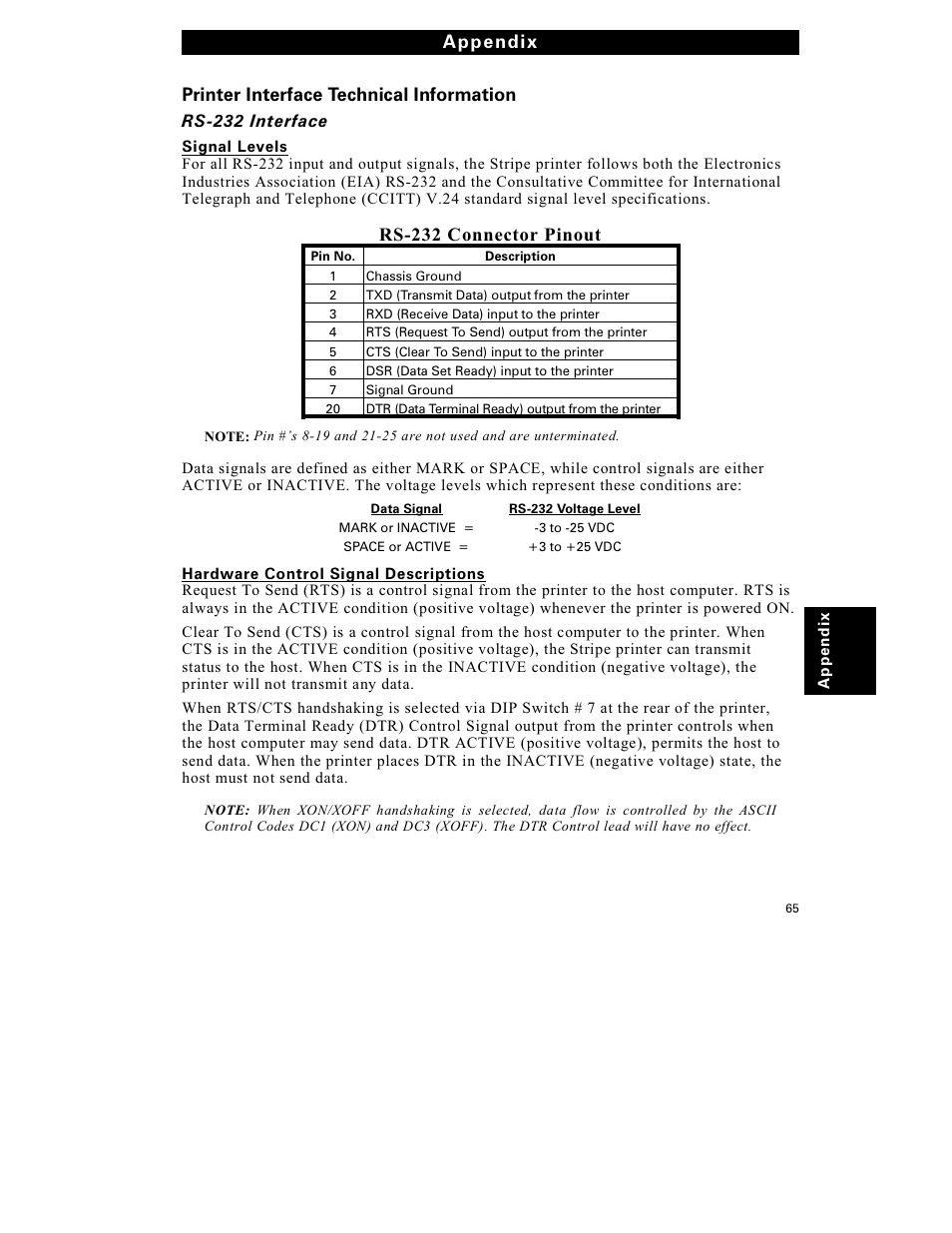 Printer interface technical information, Rs-232 connector pinout, App endix | Zebra Technologies S-300 User Manual | Page 73 / 80