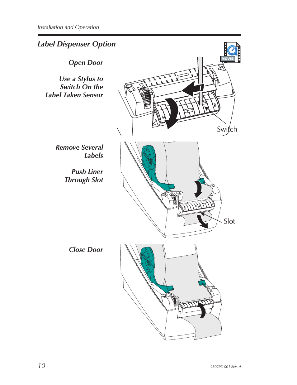 Label dispenser option 10, Label dispenser option | Zebra Technologies 980293-001 User Manual | Page 16 / 28