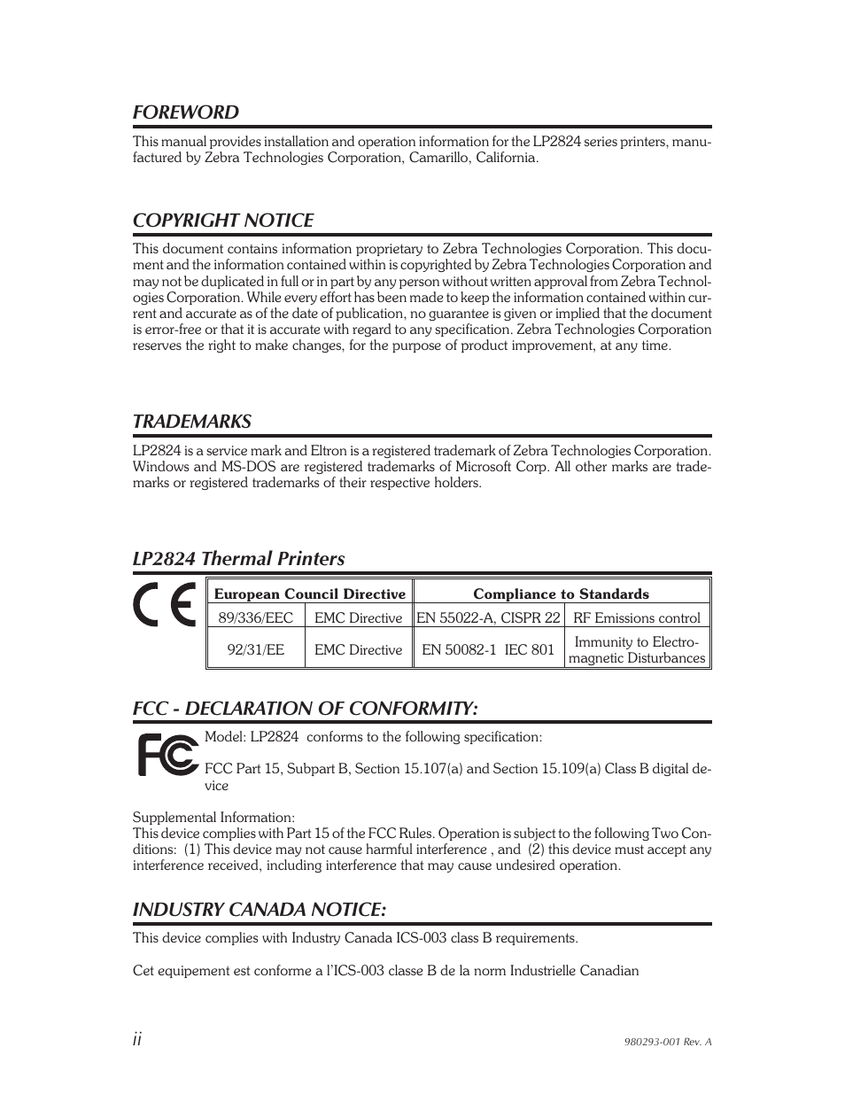 Foreword, Copyright notice, Trademarks | Lp2824 thermal printers, Fcc - declaration of conformity, Industry canada notice | Zebra Technologies 980293-001 User Manual | Page 2 / 28