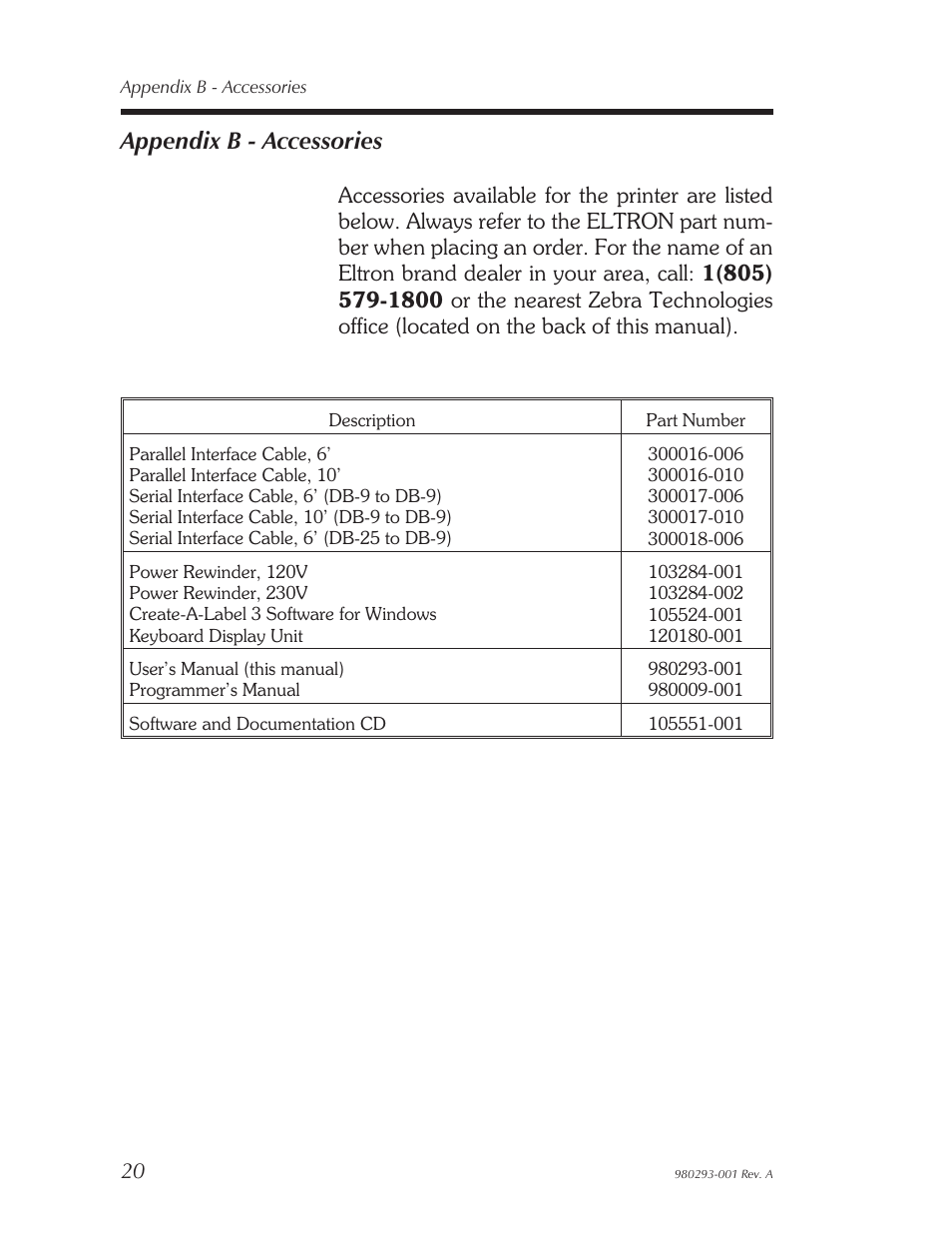 Appendix b - accessories 20, Appendix b - accessories | Zebra Technologies 980293-001 User Manual | Page 26 / 28