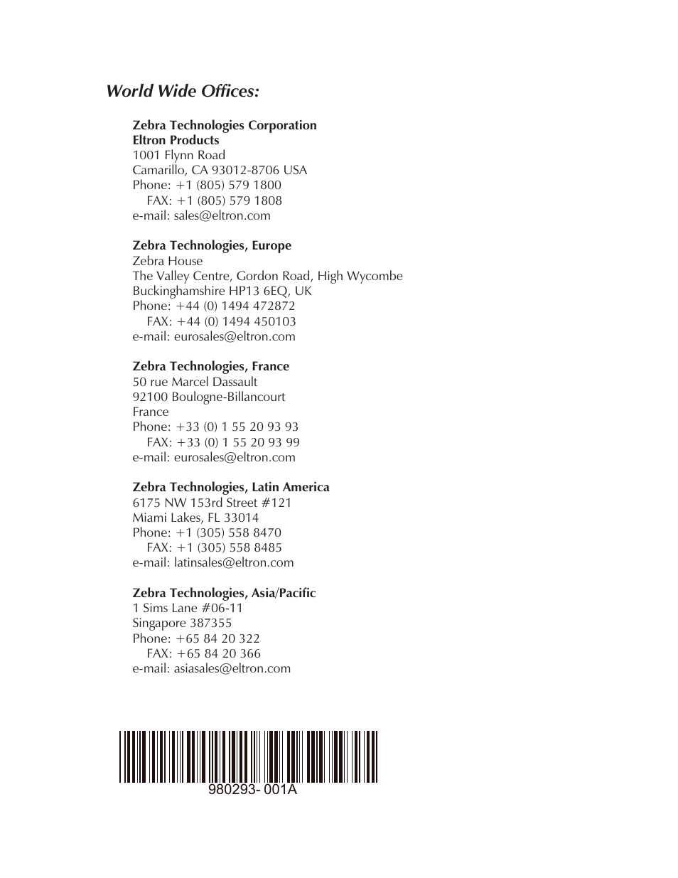 World wide offices | Zebra Technologies 980293-001 User Manual | Page 28 / 28