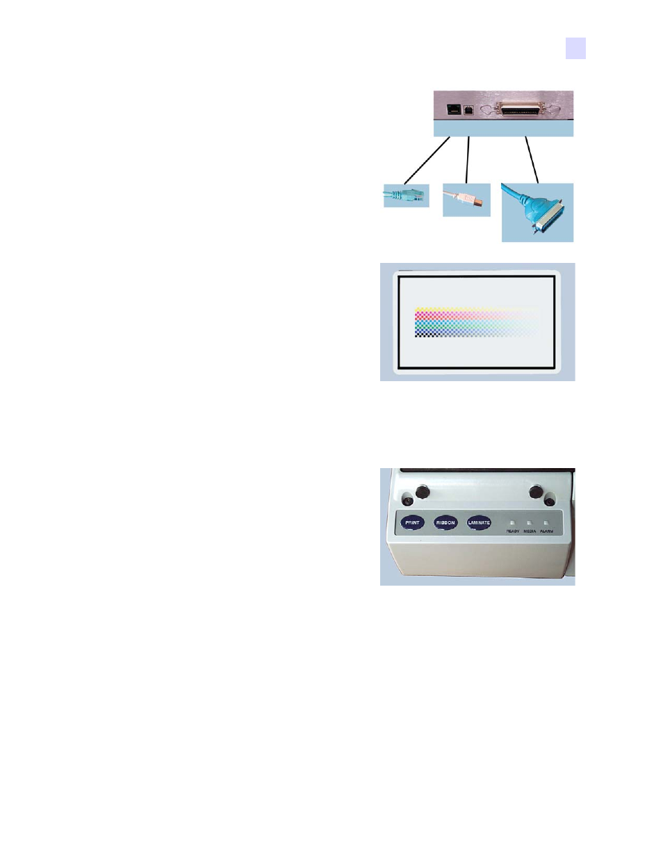 Test card, Push buttons and indicator lights, Print button | Zebra Technologies P640I User Manual | Page 15 / 93