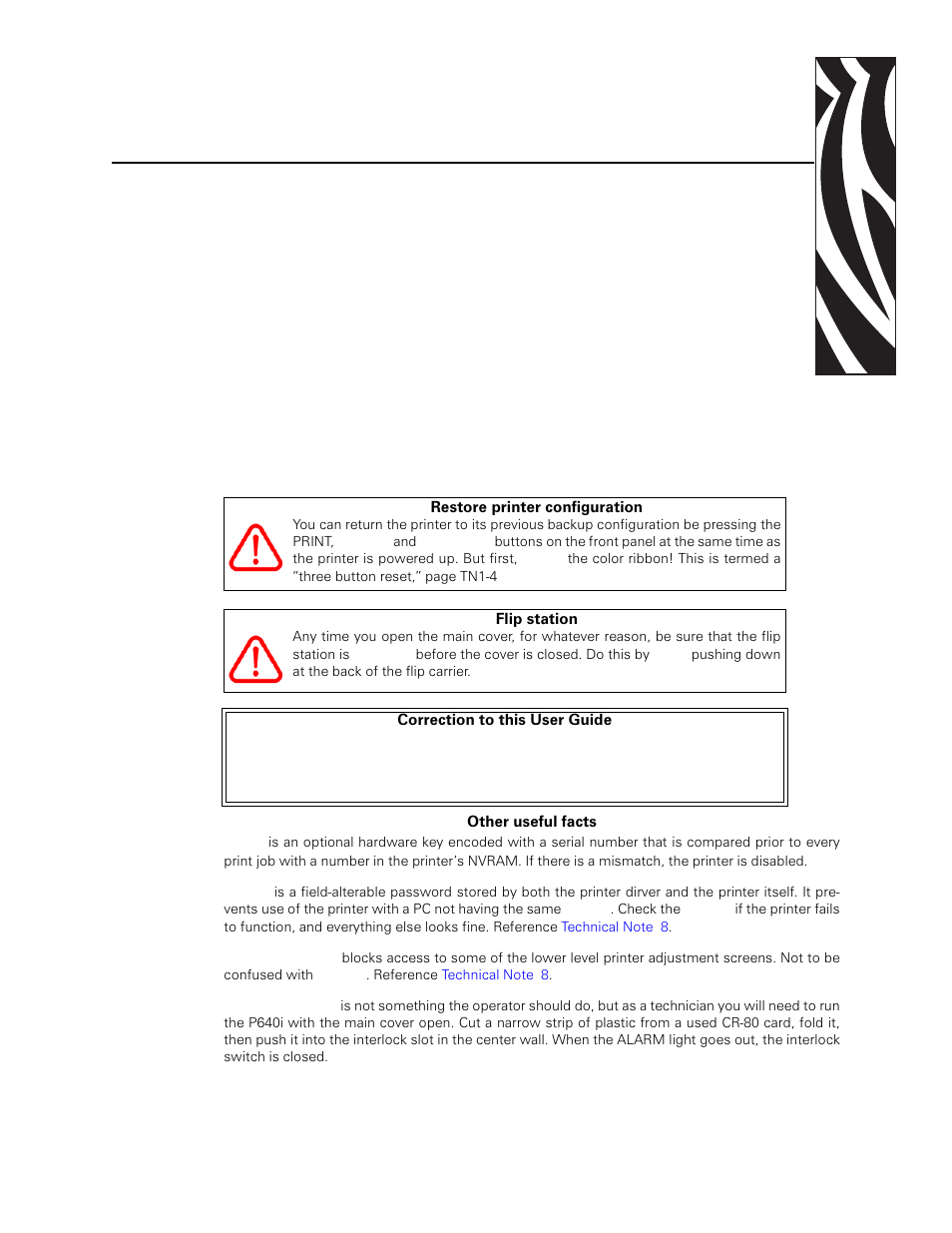 Technical notes, Restore printer configuration, Flip station | Correction to this user guide, Other useful facts, 4 • technical notes | Zebra Technologies P640I User Manual | Page 41 / 93