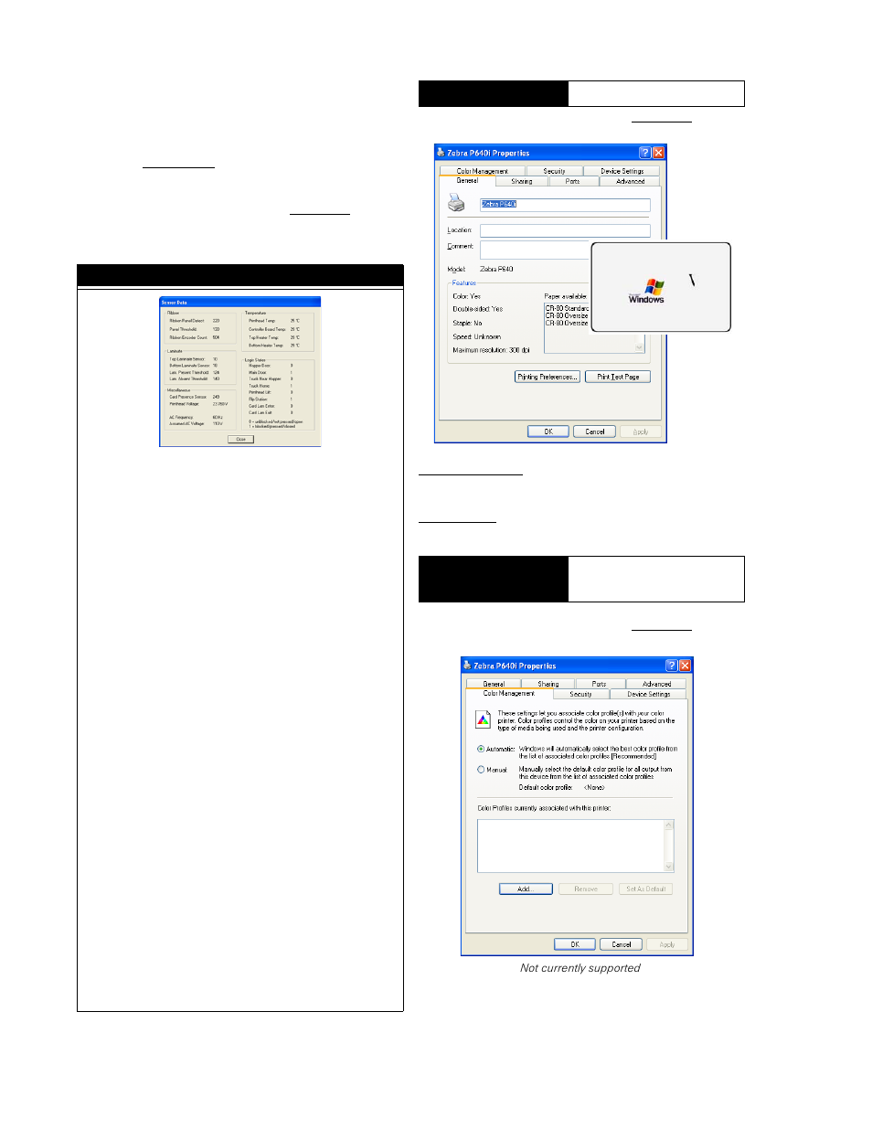 Password protection, Sensor data, Ribbon panel detect | Panel threshold, Laminate sensors, Card presence sensor, Printhead voltage, Ac frequency, Assumed ac voltage, Printhead temperatue | Zebra Technologies P640I User Manual | Page 44 / 93