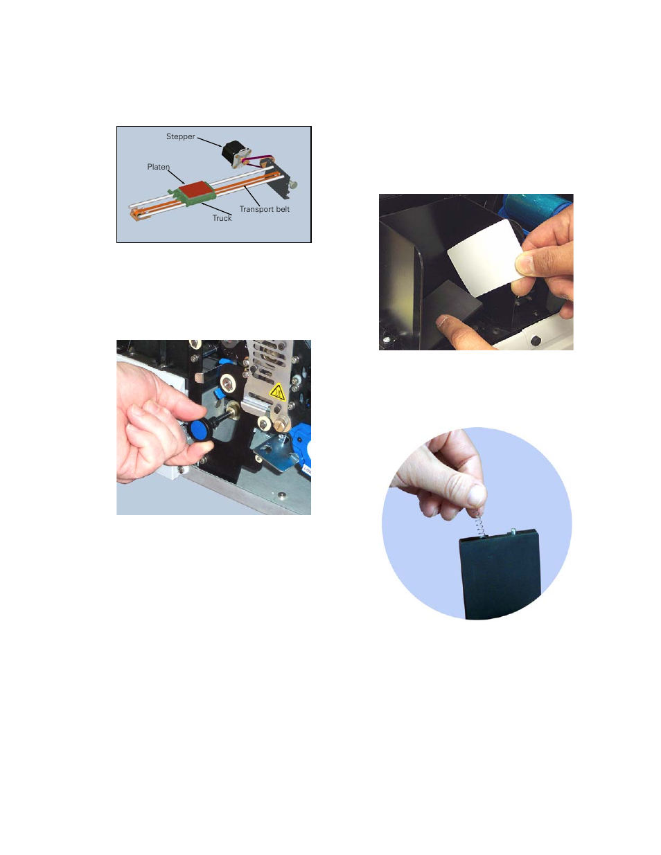 Technical note 2 - card transport, No-slip card transport, Card transport knob | Take care of the platen, Removing the platen, Technical note 2 | Zebra Technologies P640I User Manual | Page 47 / 93