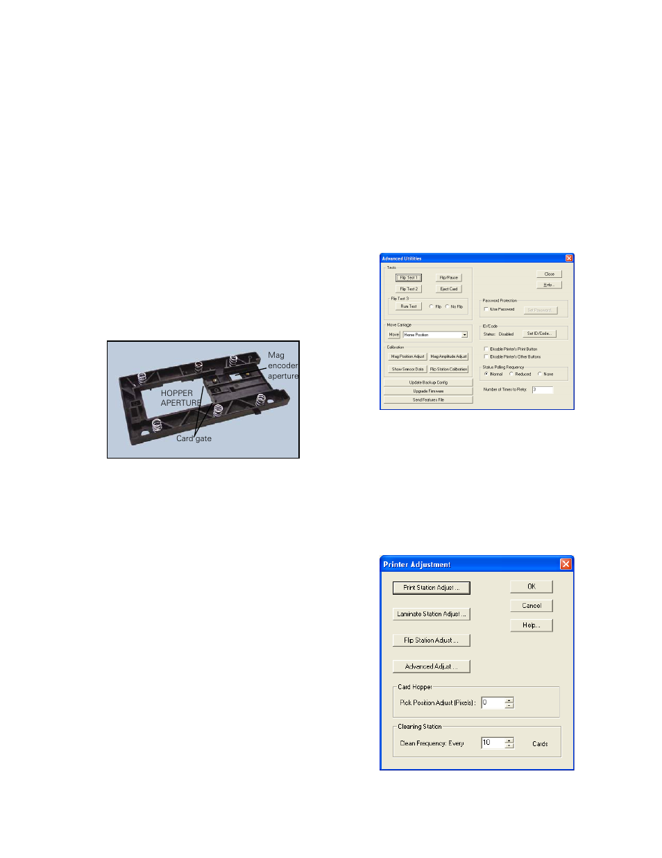 Cleaning cassette, Bottom, Underside of hopper base molding | Transport parameters in the driver, Run clean cycle | Zebra Technologies P640I User Manual | Page 49 / 93