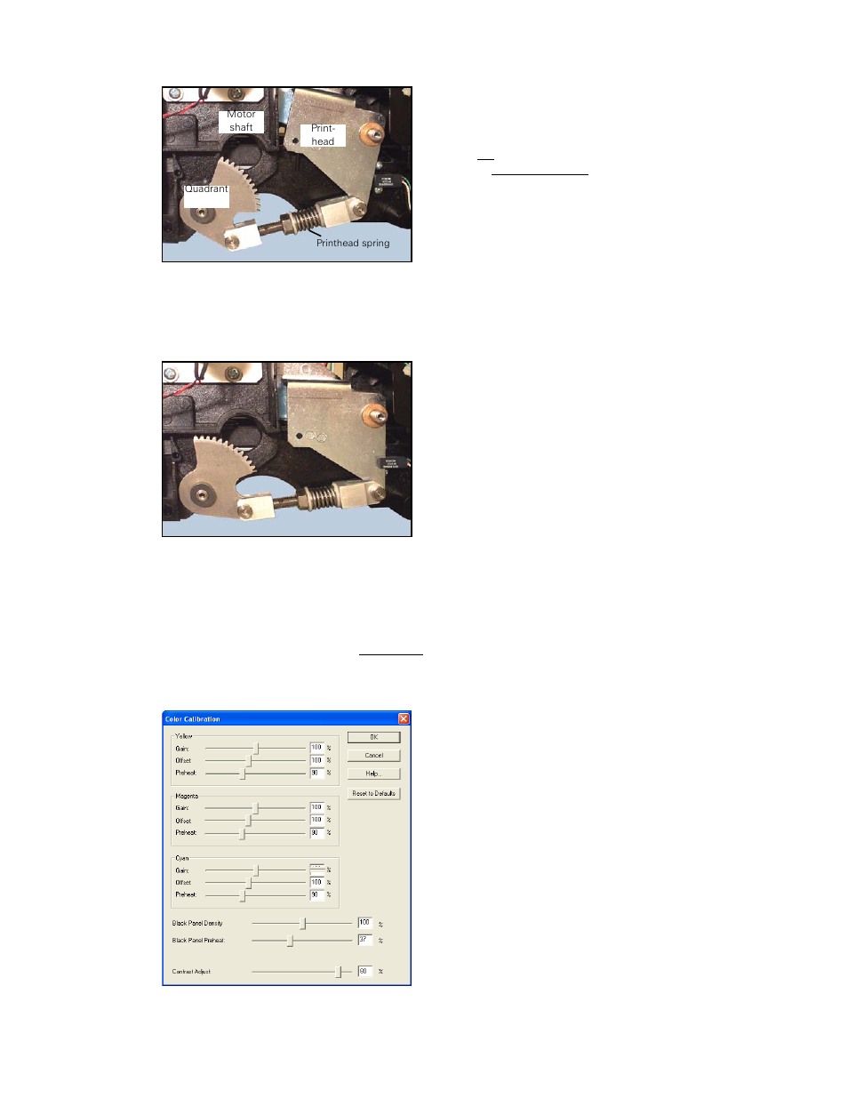 Color calibration, Offset, Gain | Prehea, Black panel density, black panel preheat, Contrast adjust, Head raised, Head lowered | Zebra Technologies P640I User Manual | Page 59 / 93