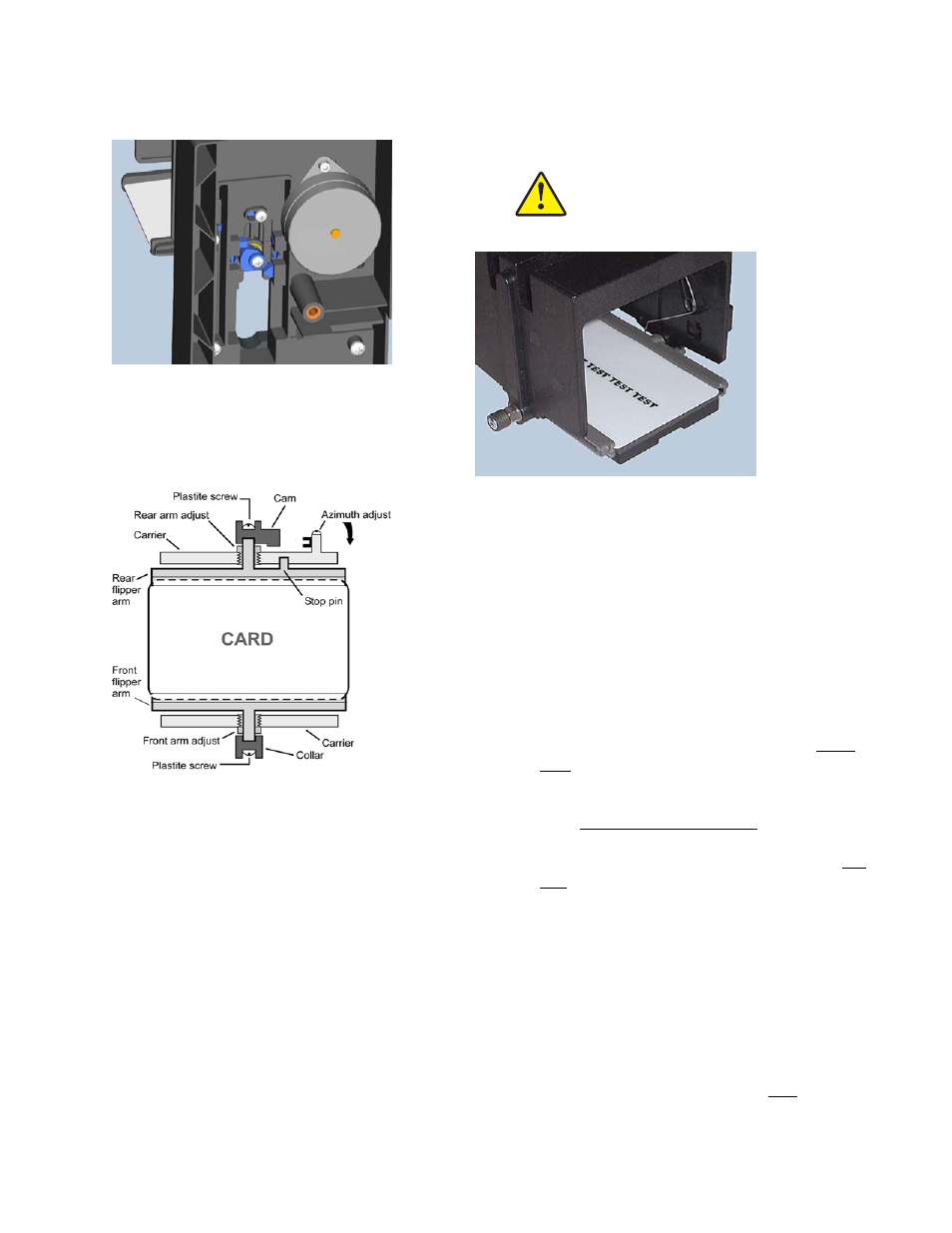 Flip station components, Flip station motor, Flip station viewed from above | Card held by flip arms, Flip station adjustm ent procedu re, Click move truck to flip station, Flip station adjustment procedure | Zebra Technologies P640I User Manual | Page 61 / 93