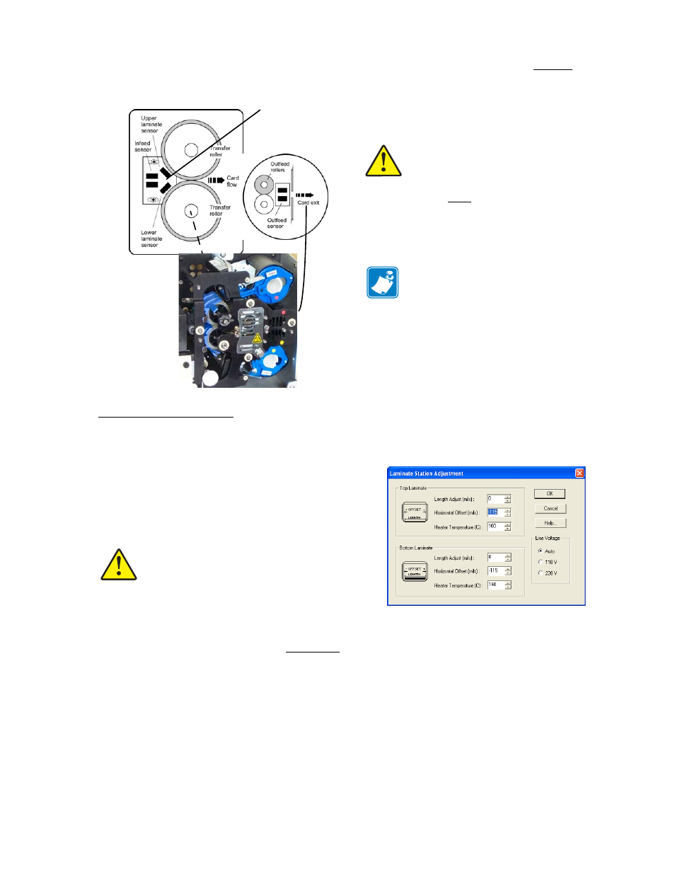 Laminate station adjust, Length adjust (mils), Horizontal offset (mils) | Heater temperature, Line voltage, Correcting laminator problems, Problem | Zebra Technologies P640I User Manual | Page 69 / 93