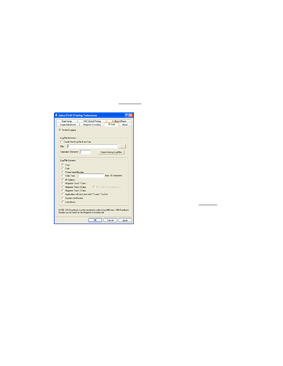 Technical note 7 - id/log, Enable logging, Create new log file each day | File, Separator character, Time, Date, Printer serial number, Static text, Ip address | Zebra Technologies P640I User Manual | Page 71 / 93