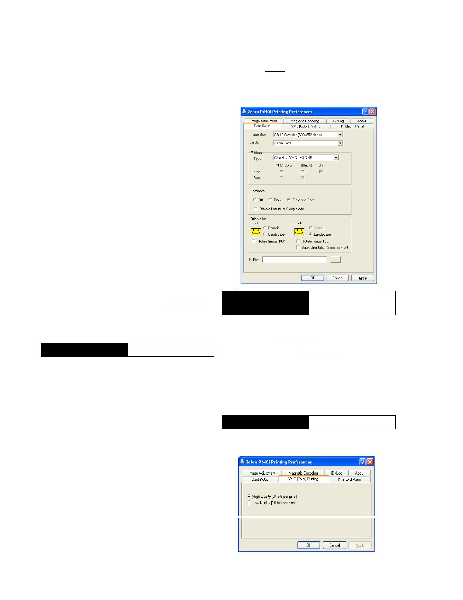 Operator screens, Printing preferences, Card setup | Image size, Cards, Ribbon, Front/back, Laminate, Orientation, Ymc (color) printing | Zebra Technologies P640I User Manual | Page 72 / 93