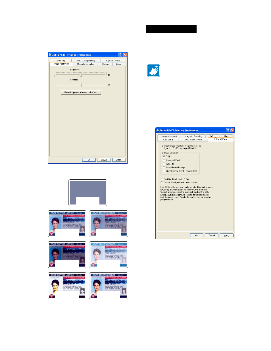 Printing preferences, K (black) panel, What is black extraction | K (black) on the, Ymc (color) | Zebra Technologies P640I User Manual | Page 73 / 93