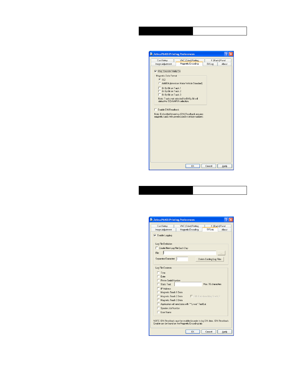 Printing preferences, Magnetic encoding, Id/log | Printe r prope rties, Device settings, Status, Printer properties | Zebra Technologies P640I User Manual | Page 74 / 93