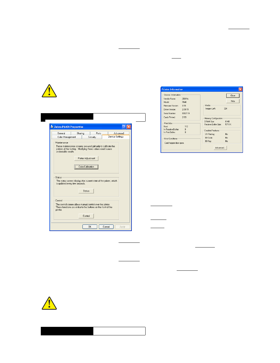 Device settings, Status, Print jobs | Error conditions, Images left, Enabled features, Advanced, Printer properties | Zebra Technologies P640I User Manual | Page 75 / 93