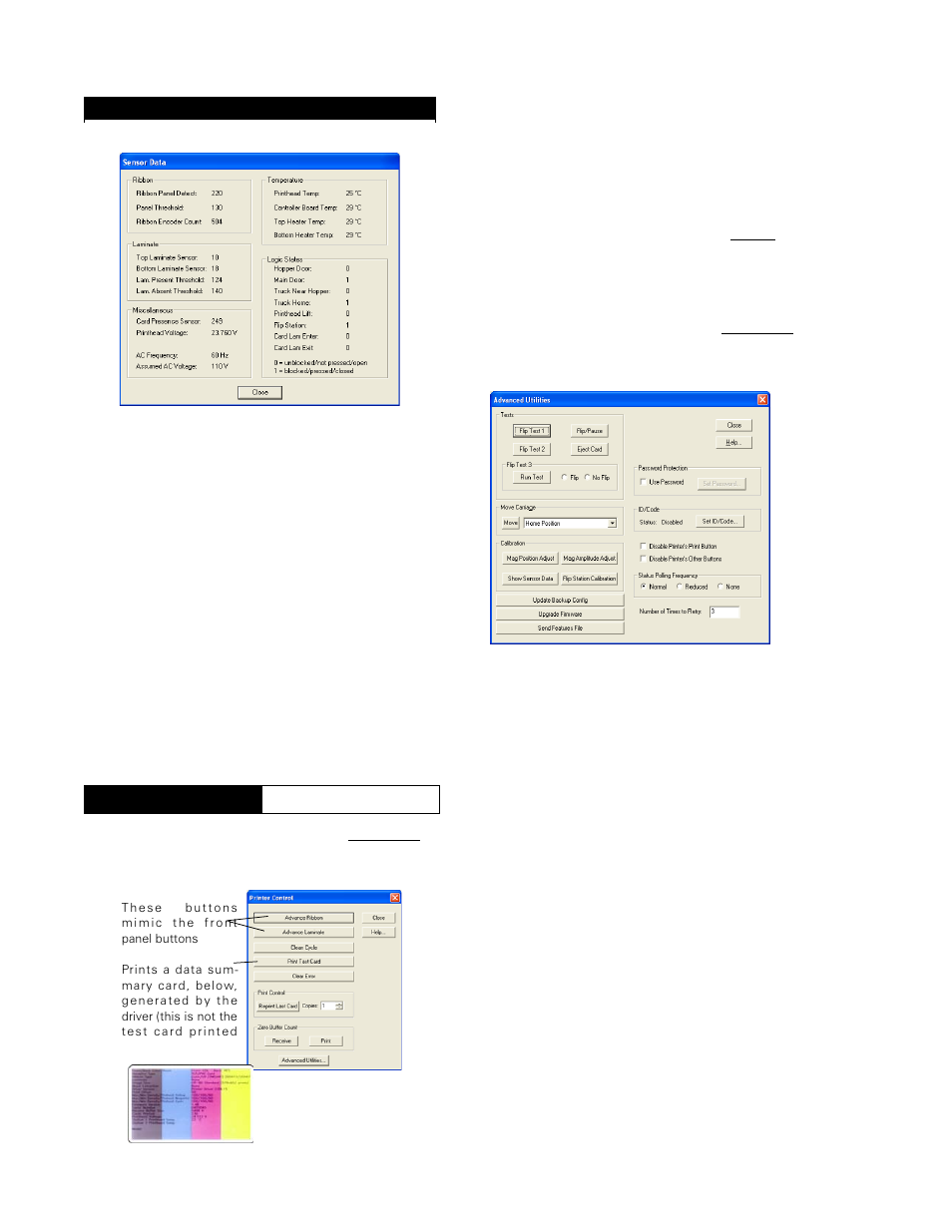 Sensor data, Ribbon sensors, Laminate sensors | Card presence sensor, Printhead temperature, Ac frequency, assumed ac voltage, Temperatures, Logic states, Device settings, Control | Zebra Technologies P640I User Manual | Page 76 / 93