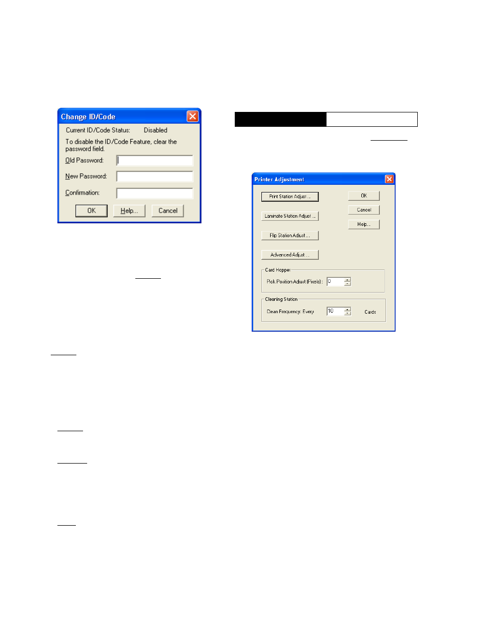 Disable printer’s print button, Disable printer’s other buttons, Status polling frequency | Number of times to retry, Device settings, Printer adjustment, Print station adjust, Laminate station adjust, Flip station adjust, Pick position adjust (pixels) | Zebra Technologies P640I User Manual | Page 78 / 93