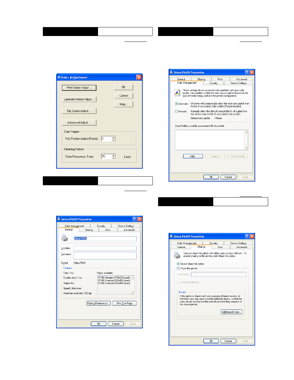 Device settings, Color calibration, Printer properties | General, Color management, Ports | Zebra Technologies P640I User Manual | Page 79 / 93