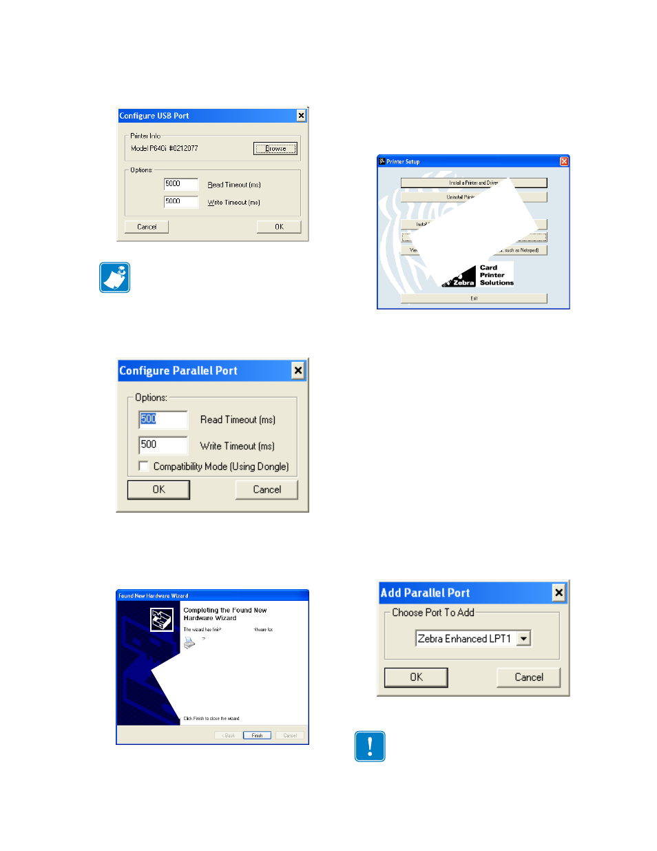 Click finish to complete the installation, Install using zebra’s printer setup screen, Parallel port | Zebra Technologies P640I User Manual | Page 85 / 93