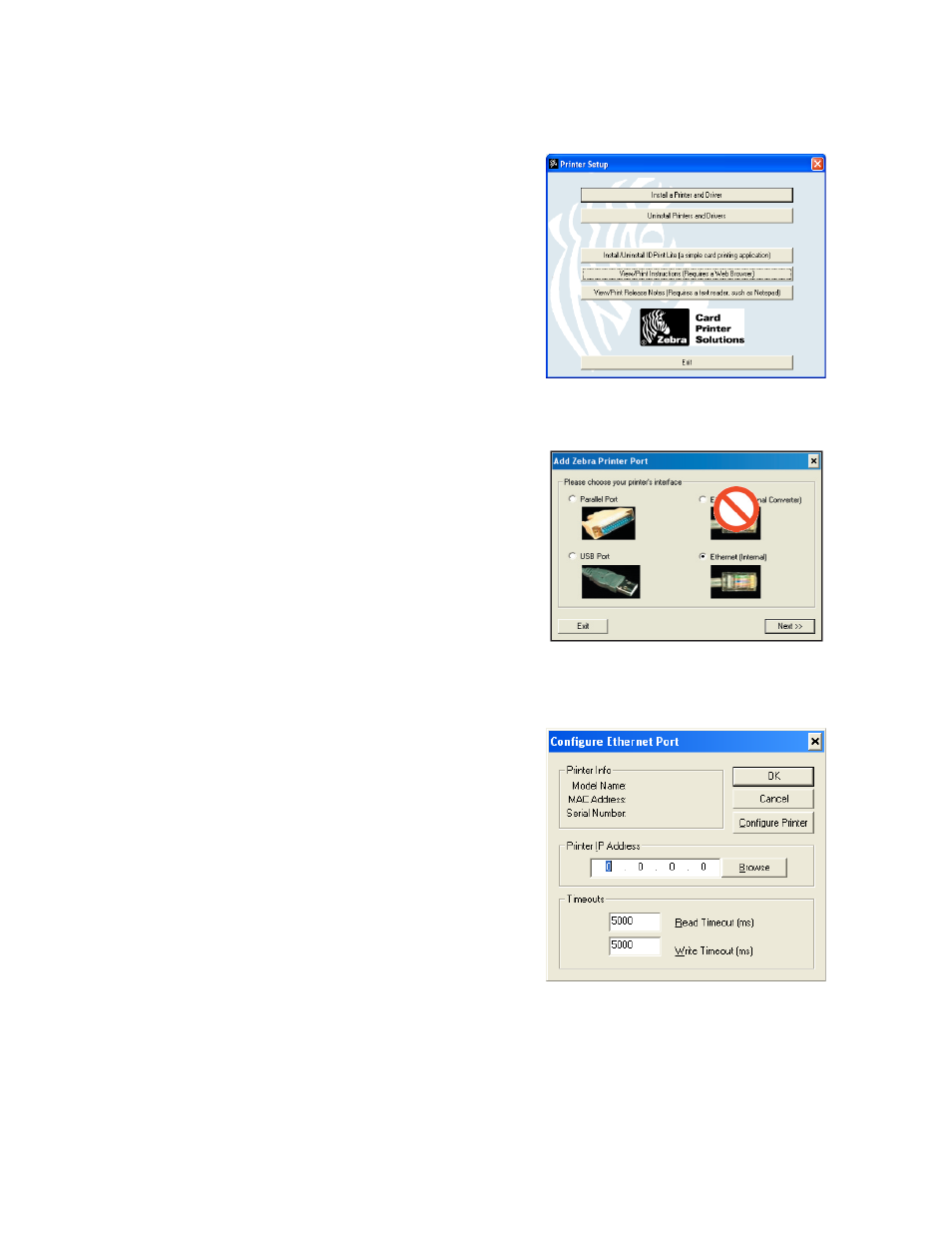 Firewall issues, Configuring the ethernet option, Hardware setup | Software setup, Select ethernet (internal), then click next | Zebra Technologies P640I User Manual | Page 89 / 93