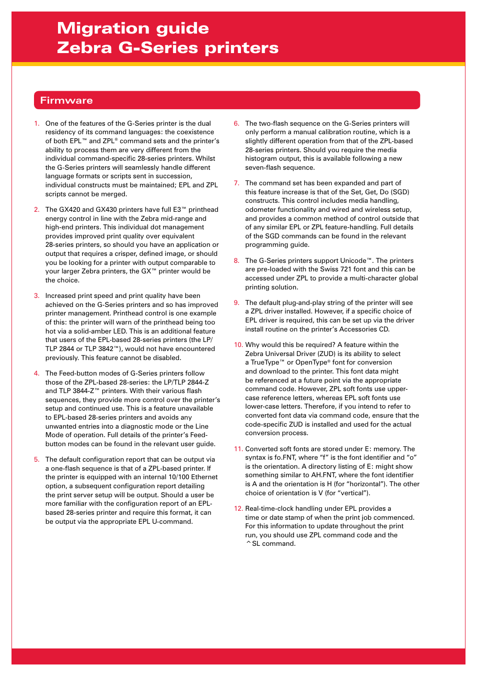 Migration guide zebra g-series printers, Firmware | Zebra Technologies Zebra G-Series GX430 User Manual | Page 2 / 4