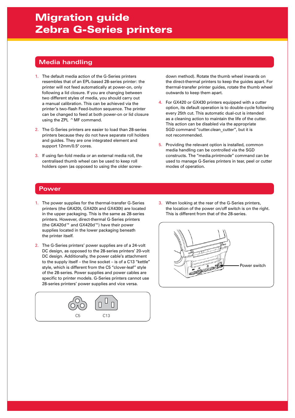 Migration guide zebra g-series printers, Media handling power | Zebra Technologies Zebra G-Series GX430 User Manual | Page 3 / 4