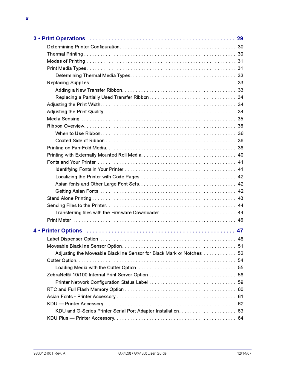 3 . print operations 29, 4 . printer options 47 | Zebra Technologies GX420T User Manual | Page 10 / 108