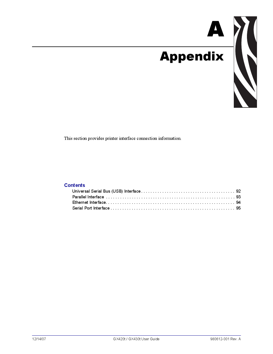 Appendix, A • appendix | Zebra Technologies GX420T User Manual | Page 103 / 108