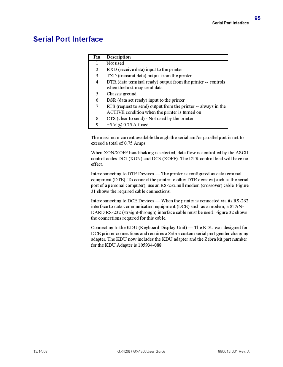 Serial port interface | Zebra Technologies GX420T User Manual | Page 107 / 108