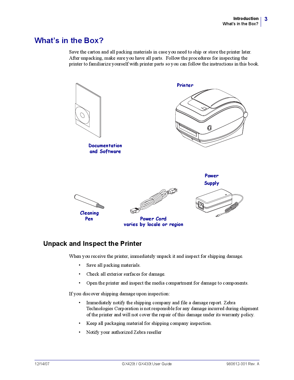 What’s in the box, Unpack and inspect the printer, U npack and inspect the printer | What’s in the box? unpack and inspect the printer | Zebra Technologies GX420T User Manual | Page 15 / 108