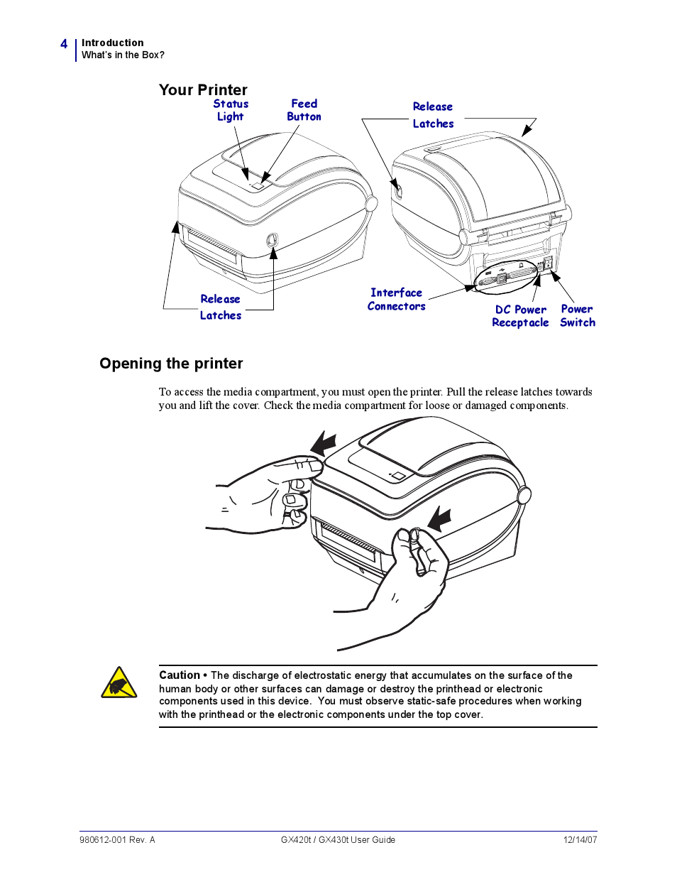 Your printer, Your printer opening the printer | Zebra Technologies GX420T User Manual | Page 16 / 108