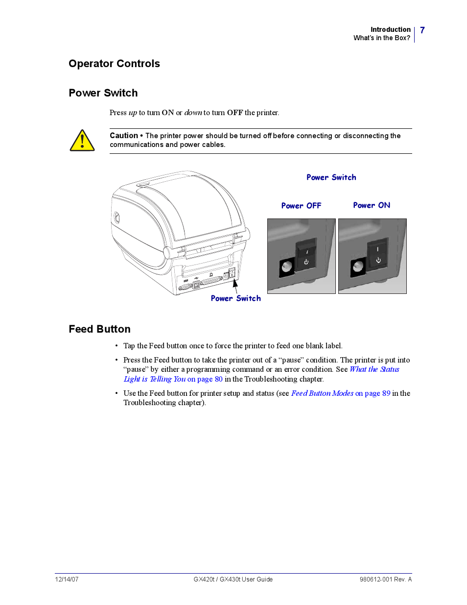 Operator controls, Operator controls power switch, Feed button | Zebra Technologies GX420T User Manual | Page 19 / 108