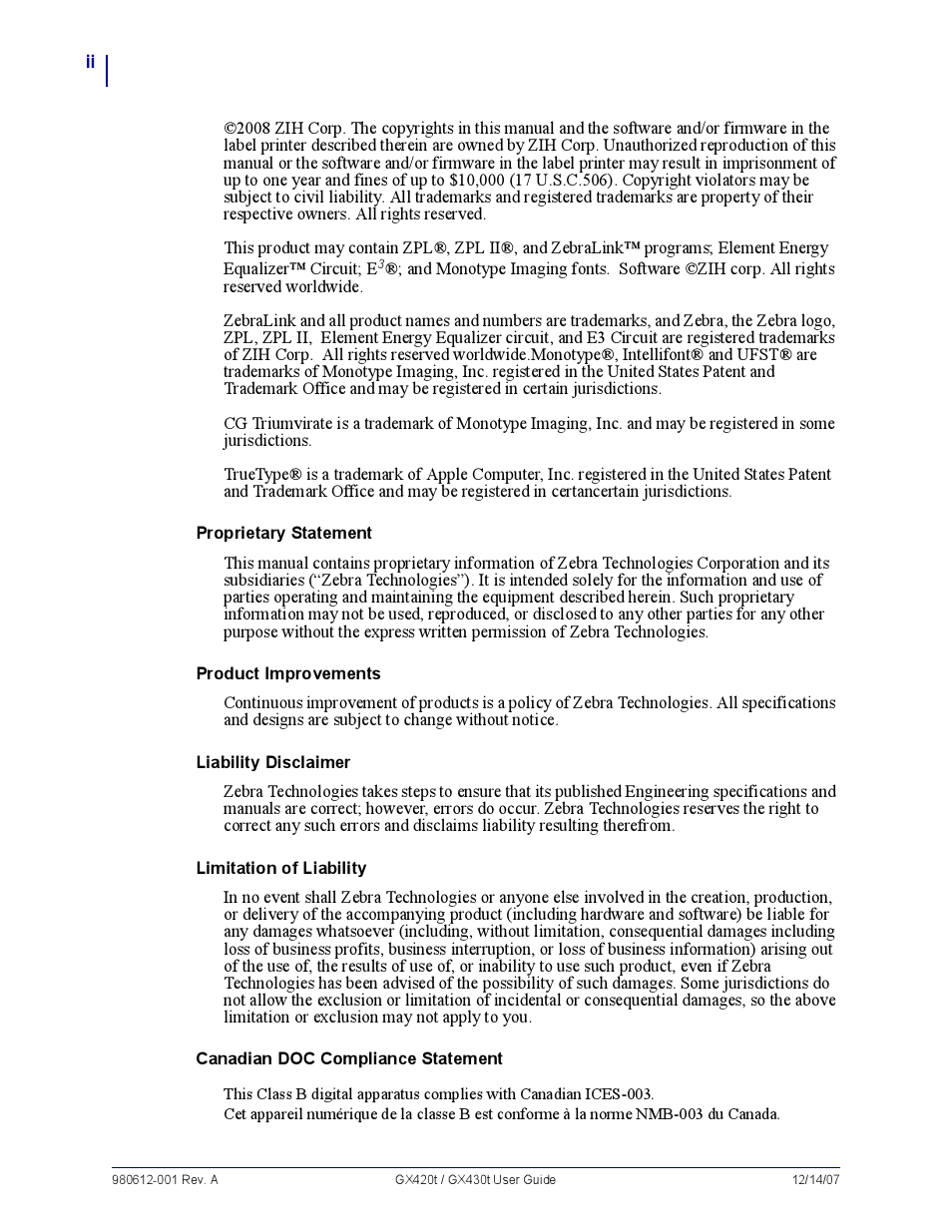 Zebra Technologies GX420T User Manual | Page 2 / 108