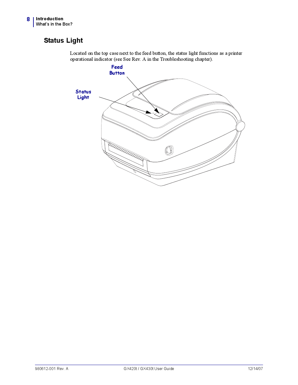 Status light | Zebra Technologies GX420T User Manual | Page 20 / 108