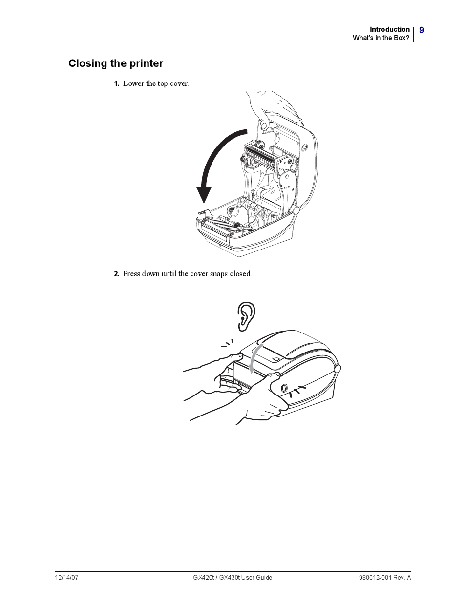 Closing the printer | Zebra Technologies GX420T User Manual | Page 21 / 108