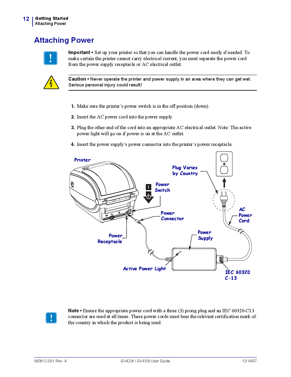 Attaching power | Zebra Technologies GX420T User Manual | Page 24 / 108