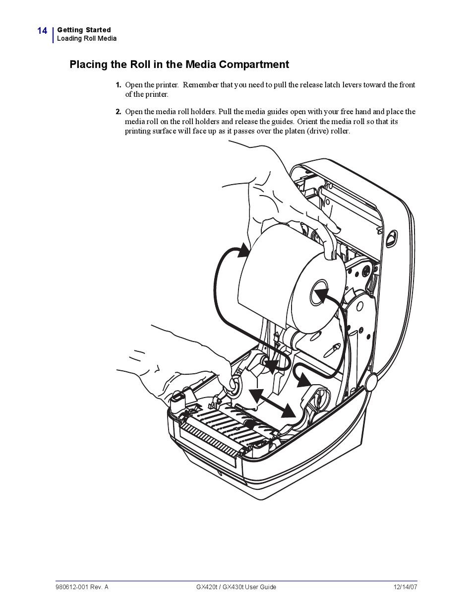 Placing the roll in the media compartment, Placing the roll in the media com partm ent | Zebra Technologies GX420T User Manual | Page 26 / 108