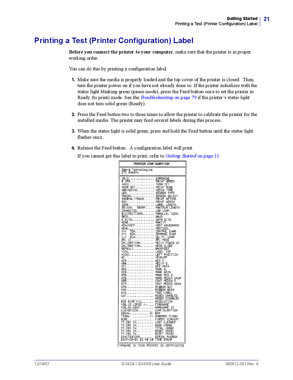 Printing a test (printer configuration) label | Zebra Technologies GX420T User Manual | Page 33 / 108