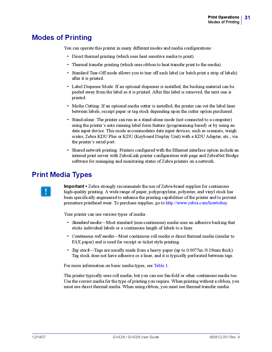 Modes of printing, Print media types | Zebra Technologies GX420T User Manual | Page 43 / 108