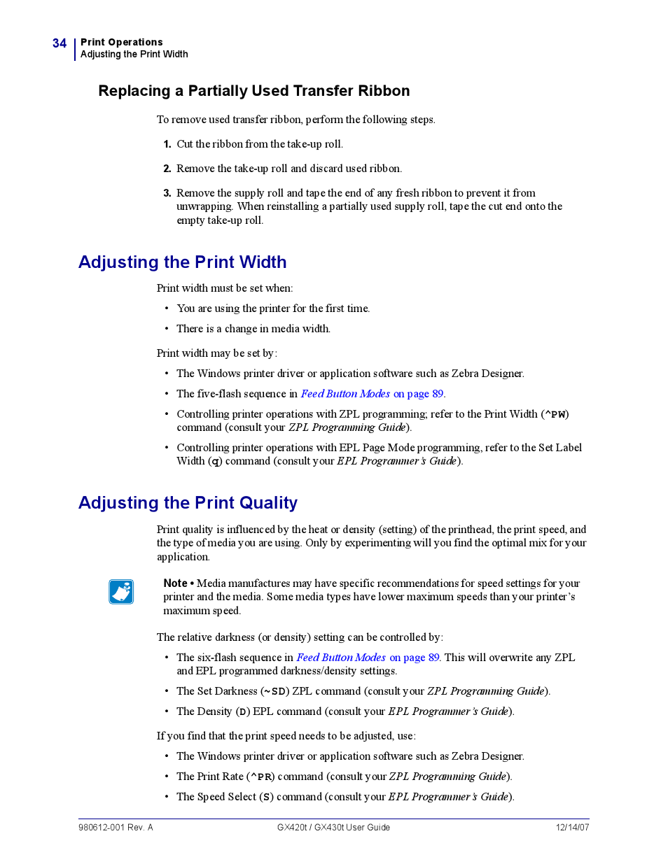 Replacing a partially used transfer ribbon, Adjusting the print width, Adjusting the print quality | Zebra Technologies GX420T User Manual | Page 46 / 108