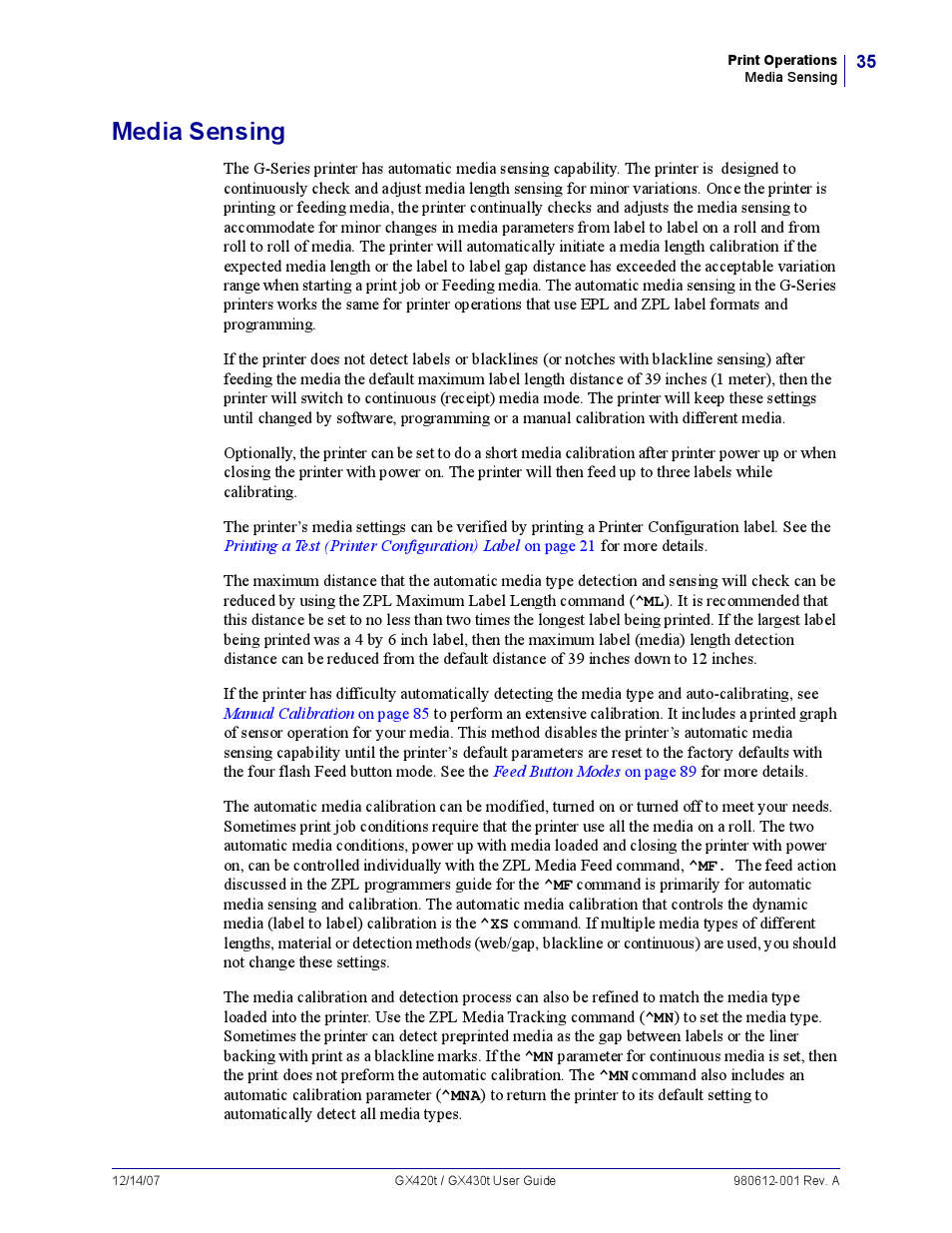 Media sensing | Zebra Technologies GX420T User Manual | Page 47 / 108