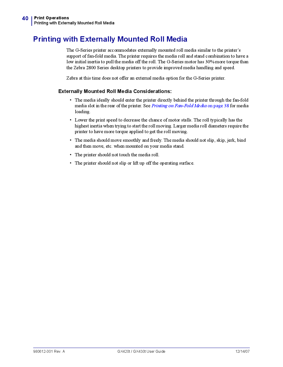 Printing with externally mounted roll media | Zebra Technologies GX420T User Manual | Page 52 / 108
