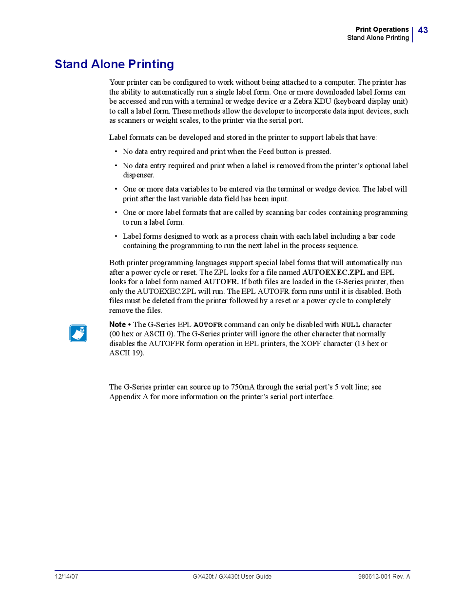Stand alone printing | Zebra Technologies GX420T User Manual | Page 55 / 108