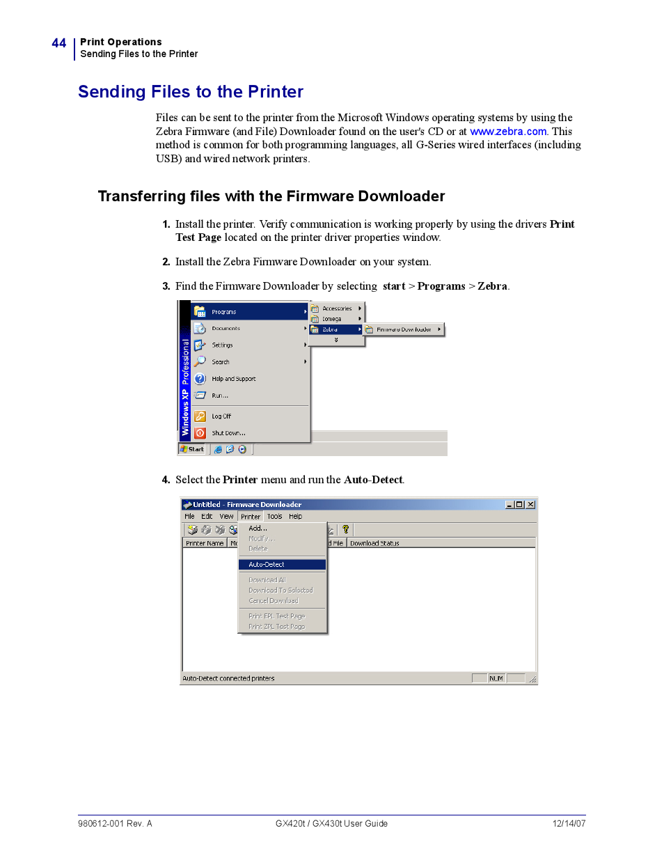 Sending files to the printer, Transferring files with the firmware downloader, Transferring files with the firm ware downloader | Zebra Technologies GX420T User Manual | Page 56 / 108