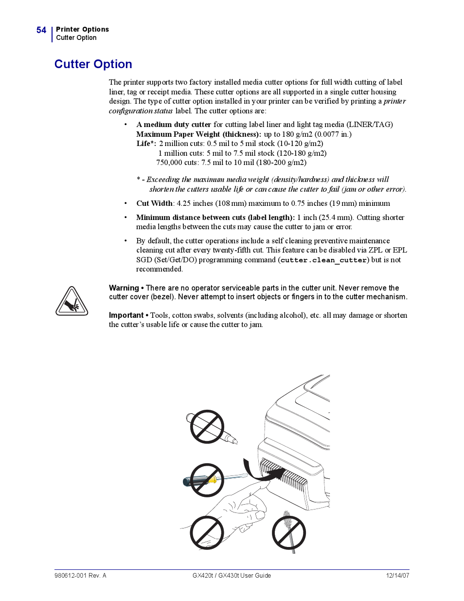 Cutter option | Zebra Technologies GX420T User Manual | Page 66 / 108