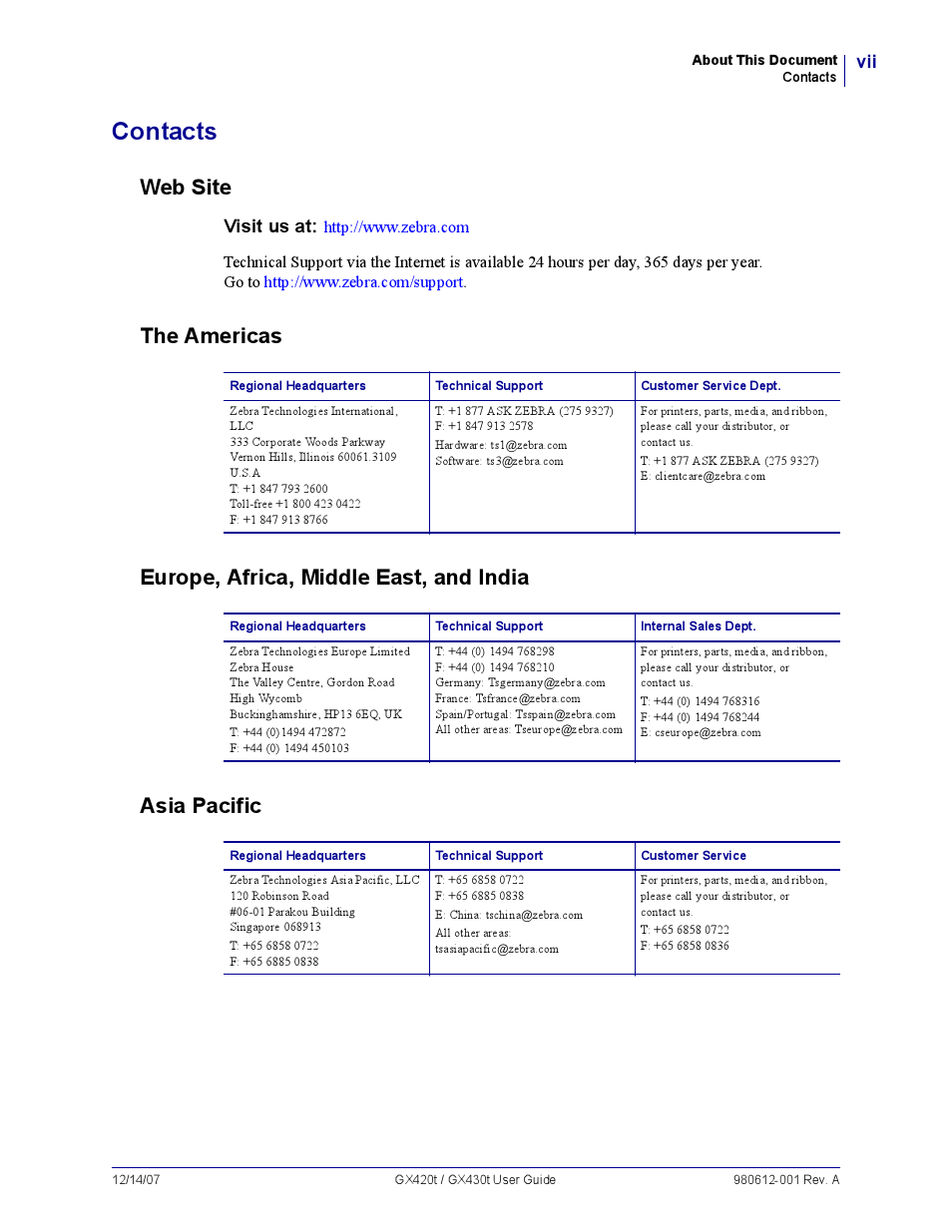 Contacts, Web site, The americas | Europe, africa, middle east, and india, Asia pacific, Visit us at | Zebra Technologies GX420T User Manual | Page 7 / 108