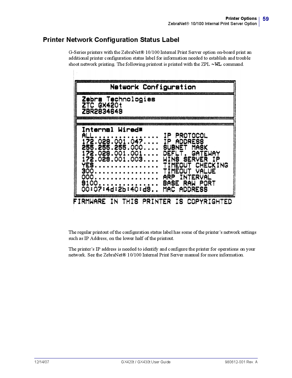 Printer network configuration status label | Zebra Technologies GX420T User Manual | Page 71 / 108