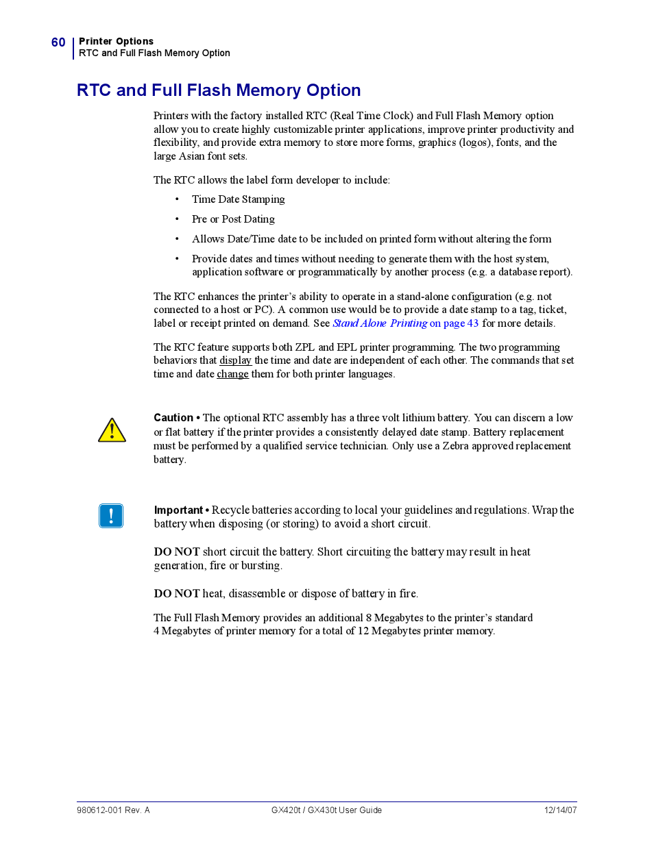 Rtc and full flash memory option | Zebra Technologies GX420T User Manual | Page 72 / 108