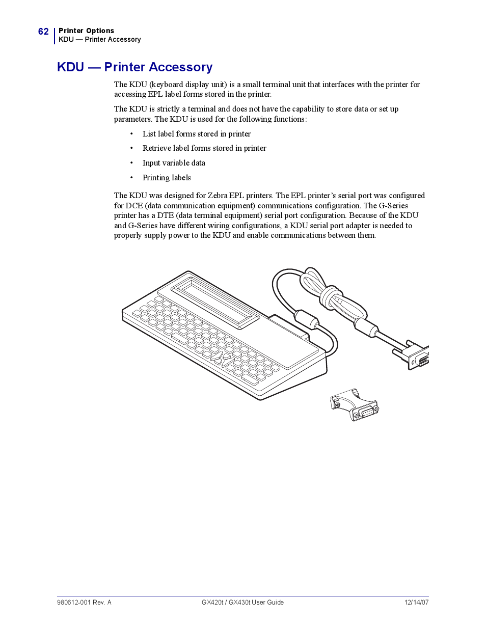 Kdu - printer accessory, Kdu — printer accessory | Zebra Technologies GX420T User Manual | Page 74 / 108